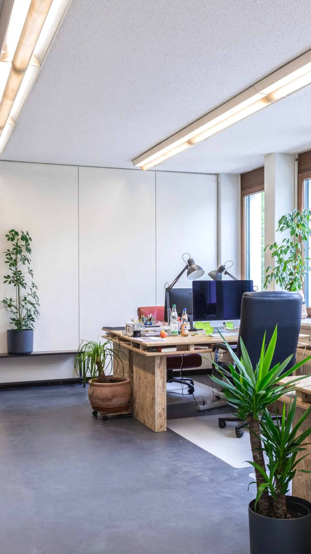 Größerer Büroraum mit Arbeitsplatz, Fensterfront und viel freier Fläche